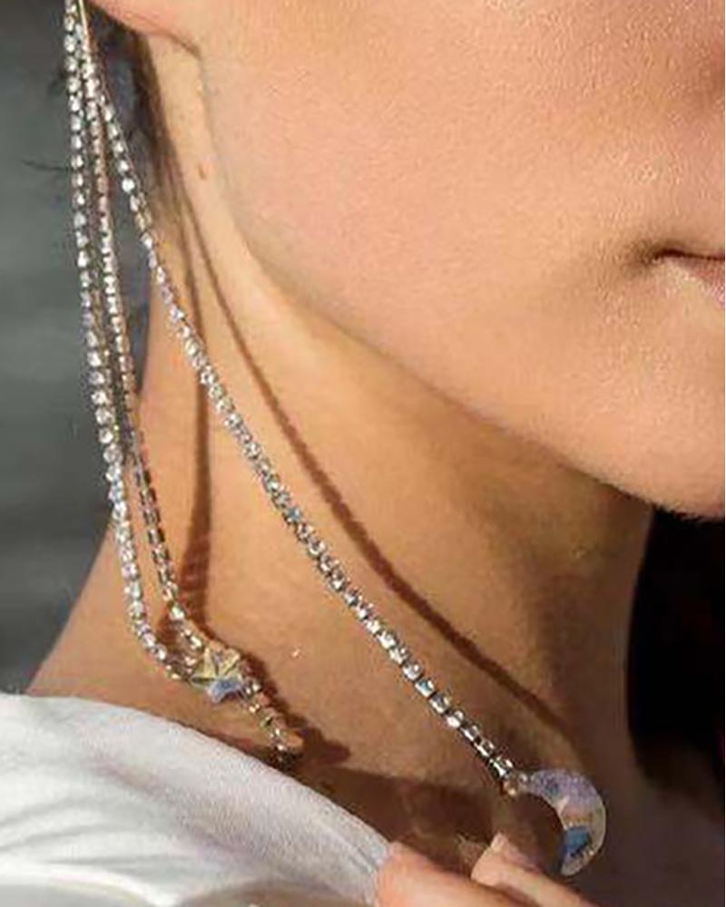 

1PCS Star & Rhinestone Tassel Design Ear Bones Hang Earring, Silver