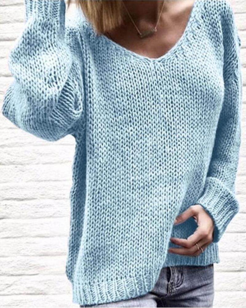 

Plain Long Sleeve Casual Sweater, Light blue