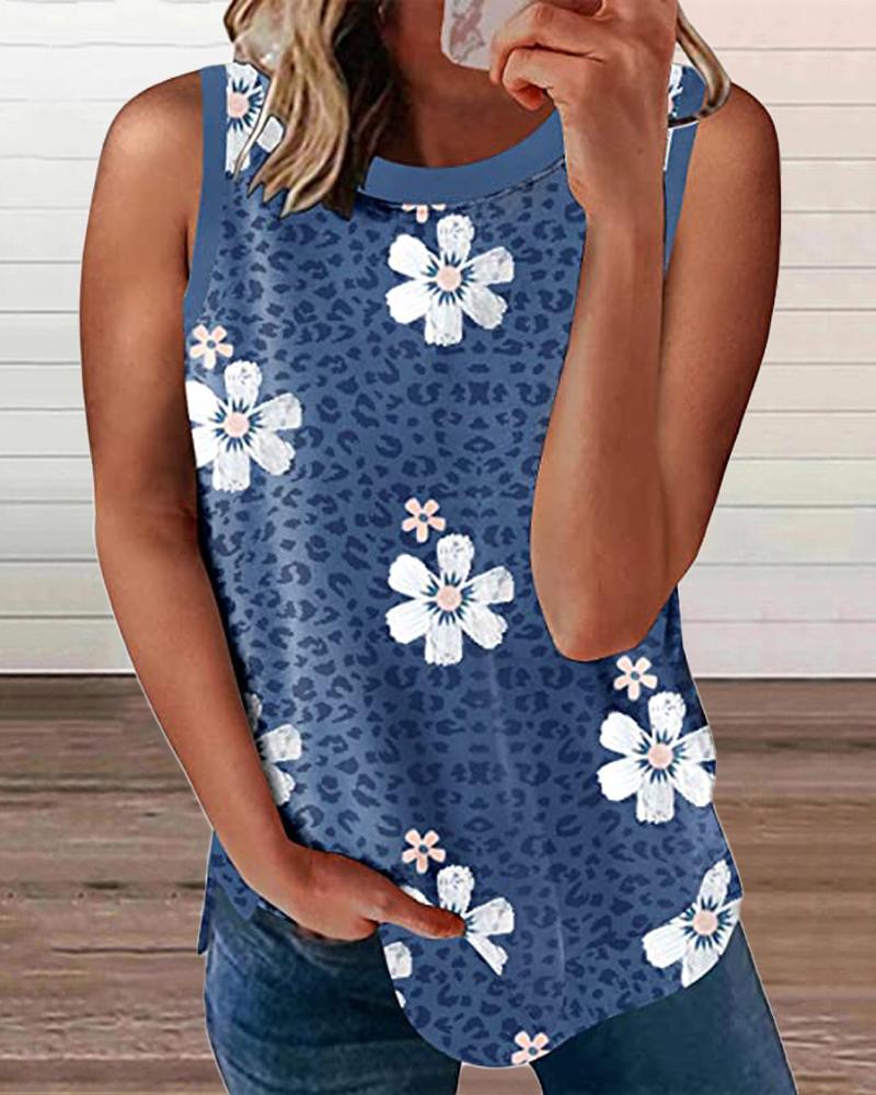 

Floral Leopard Print Round Neck Casual Tank Top, Blue