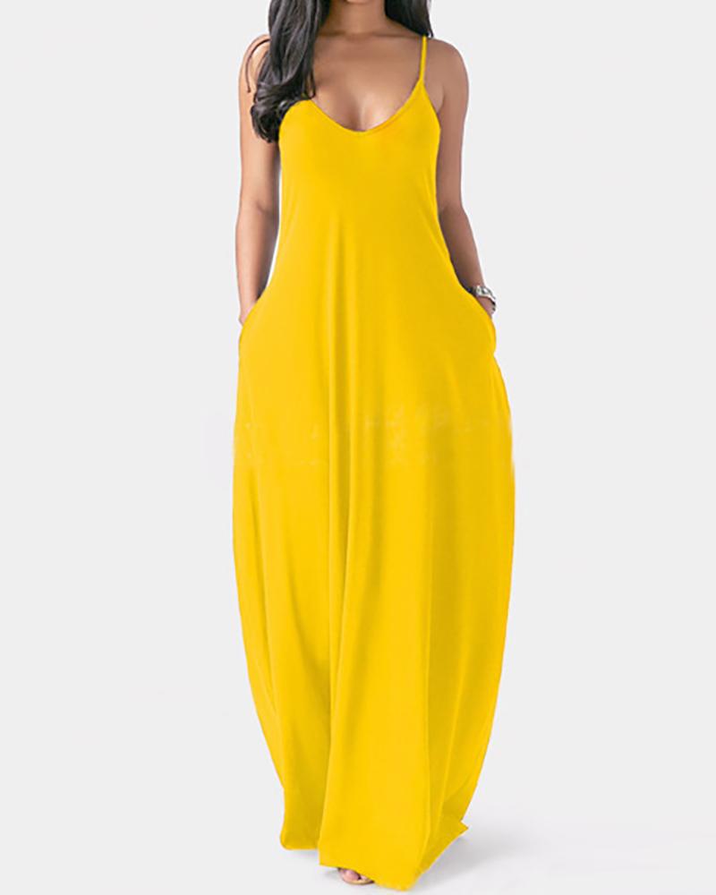 

Plus Size Pocket Design V-Neck Spaghetti Strap Maxi Dress, Yellow