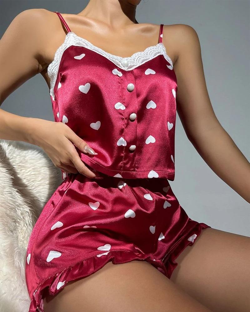 

Heart Print Contrast Lace Ruffle Hem Cami Set, Red