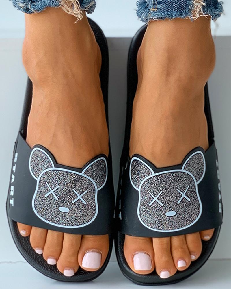 

Cartoon Pattern Print Open Toe Slippers, Black