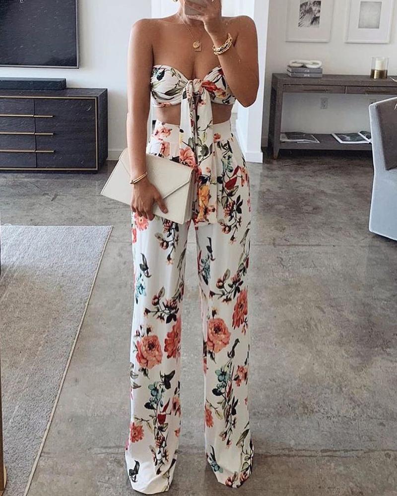 

Off Shoulder Knotted Top & High Waist Pants Set, White