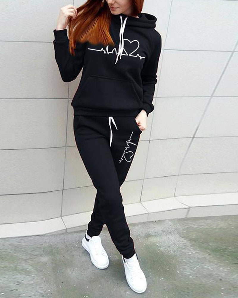 

Heart Print Drawstring Hoodie & Sweatpants Set, Black