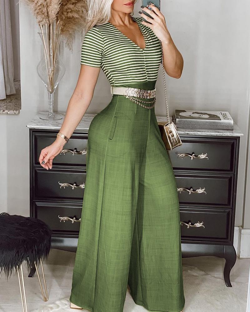 

Striped Print Short Sleeve Wide Leg Jumpsuit, Light green