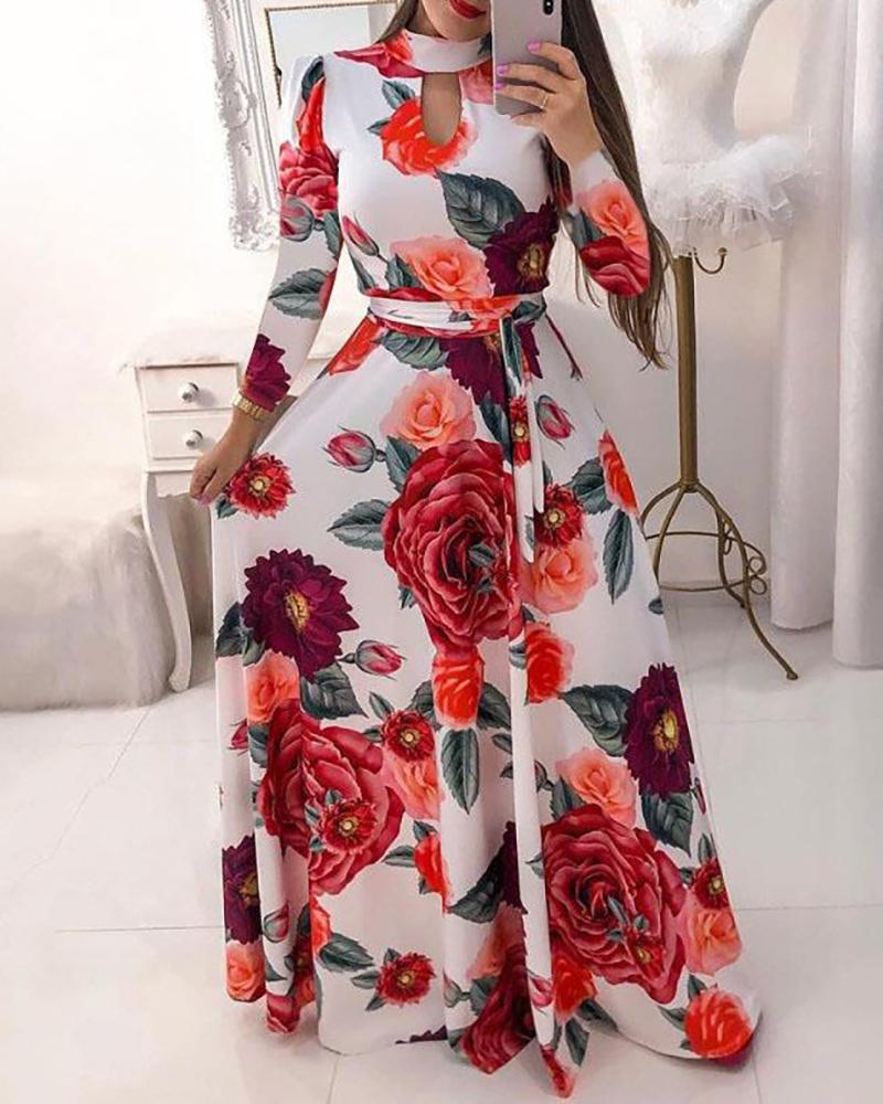 

Long Sleeve Print Maxi Women Dress, White