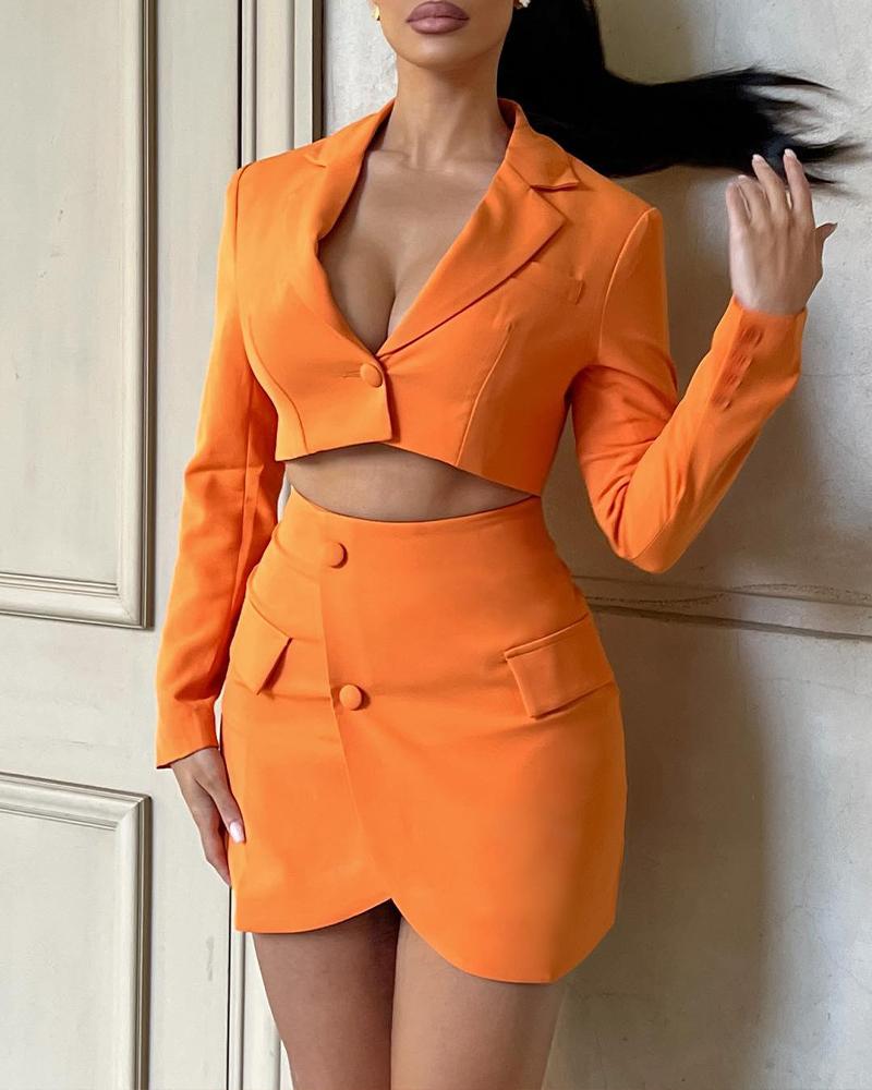 

Long Sleeve Lapel Collar Crop Blazer & Skirt Set, Orange