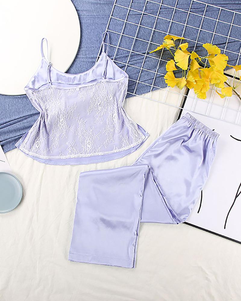 

Crochet Lace Patch Satin Pajamas Set, Light purple