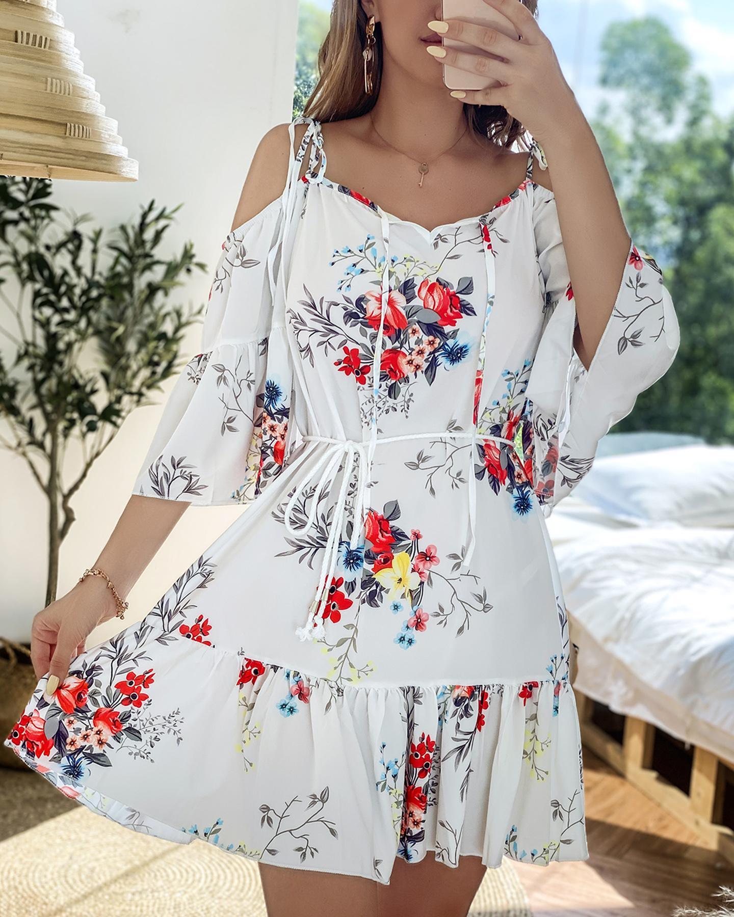 

Floral Print Cold Shoulder Ruffles Ruched Dress, White