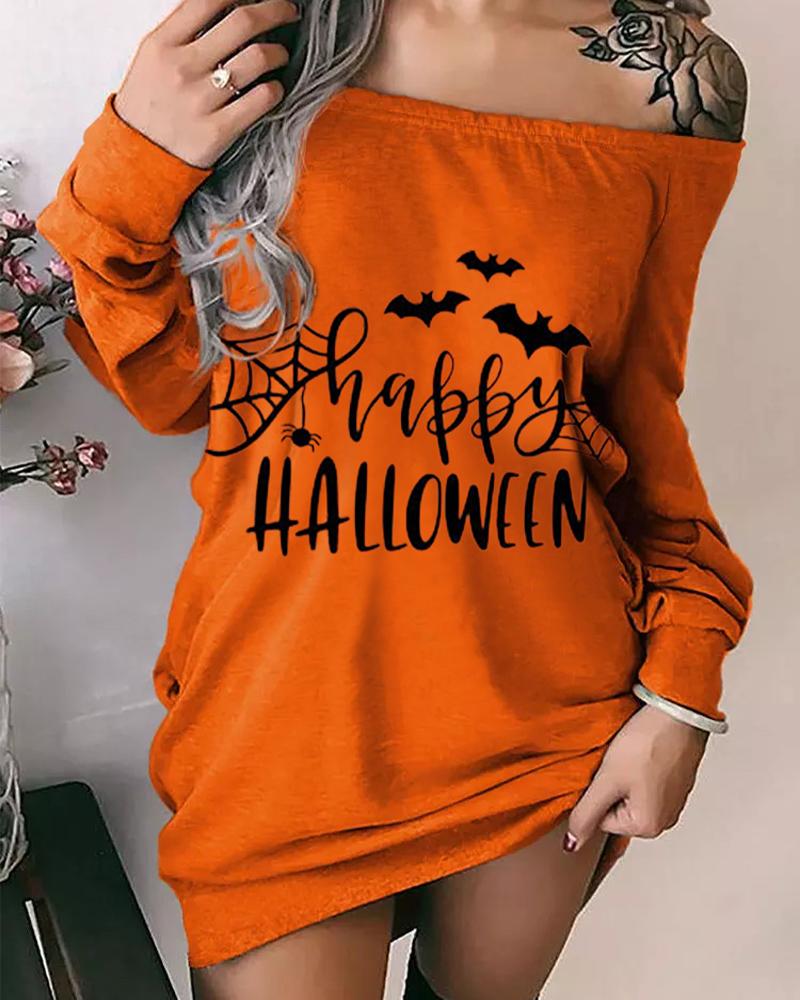 

Halloween Graphic Print Off Shoulder Sweatshirt Dress, Orange