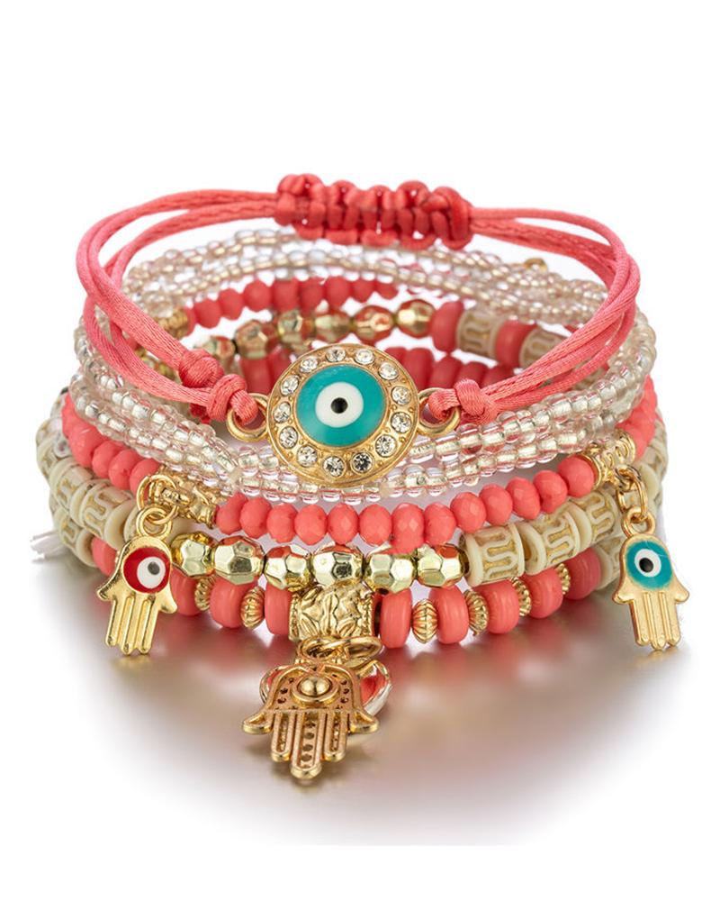 

Hands Eyes Pattern Stacking Elastic Beaded Multi-layer Bracelet, Red