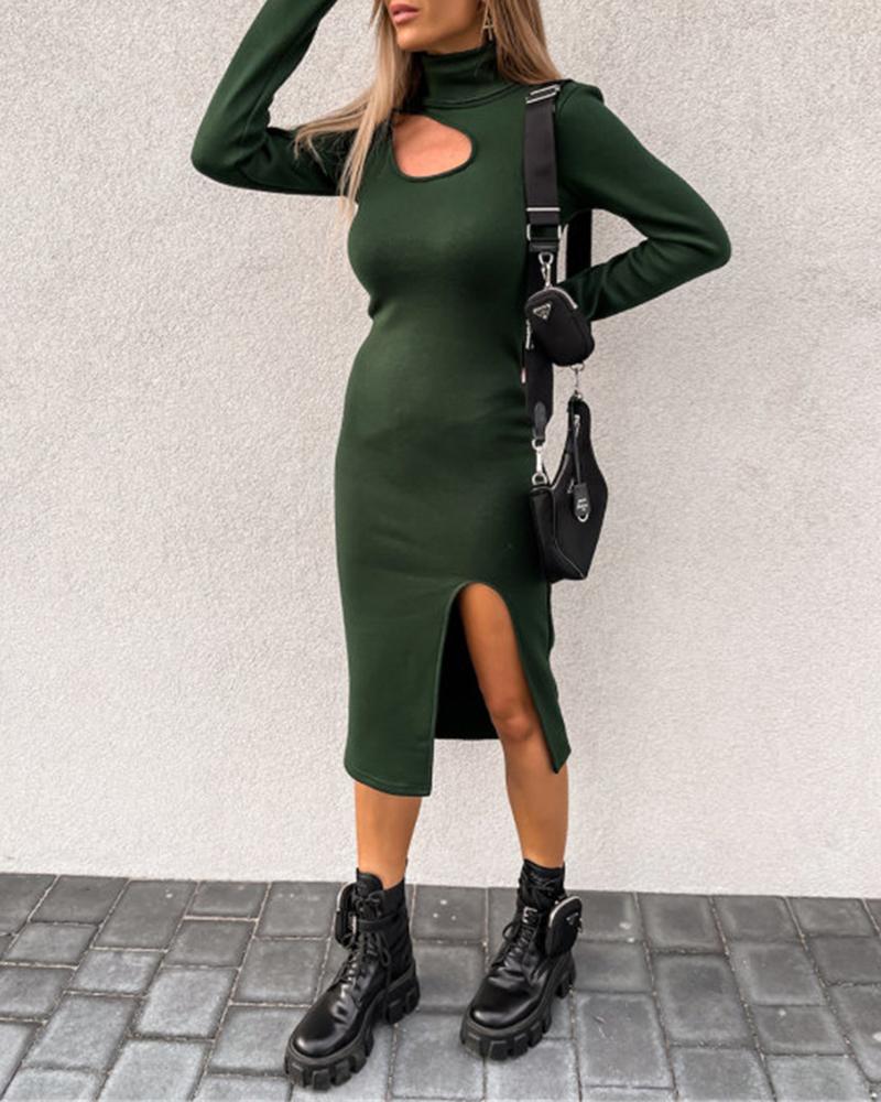 

Long Sleeve Leopard Print Cutout Slit Dress, Green