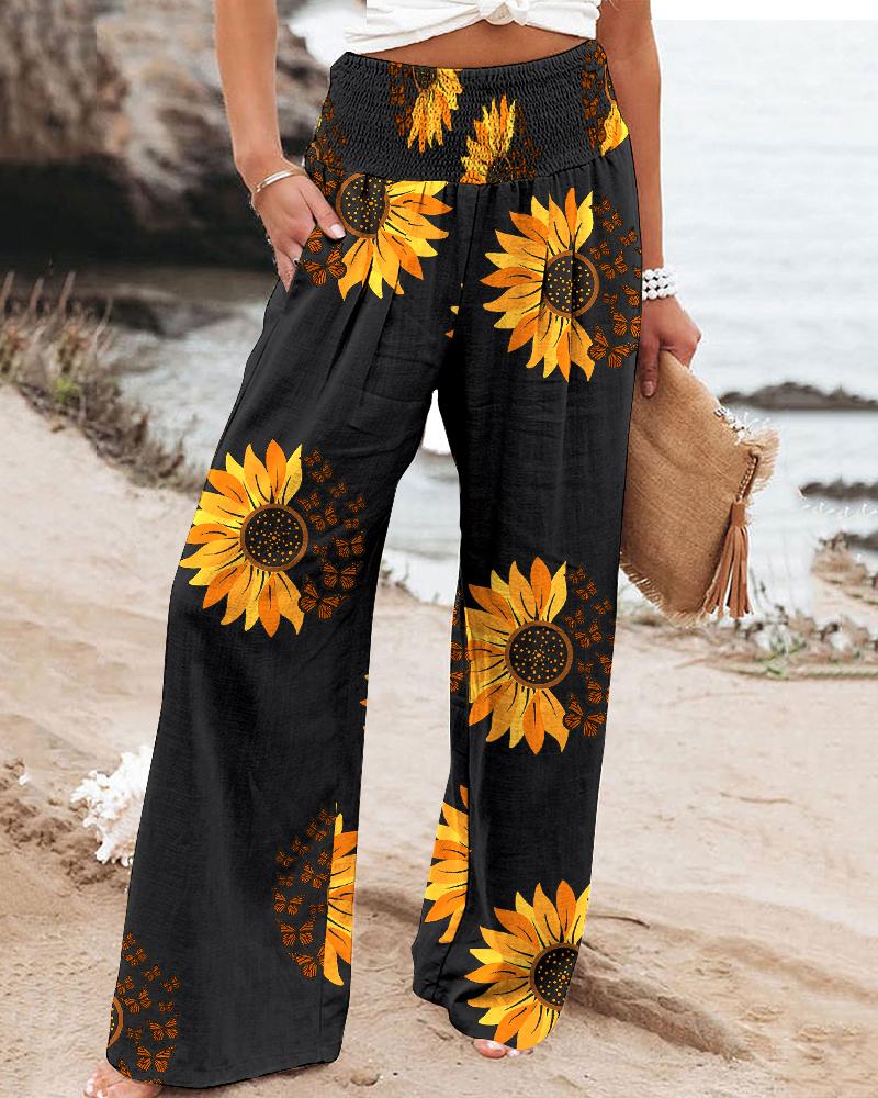 

Sunflower Butterfly Print High Waist Wide Leg Pants, Black