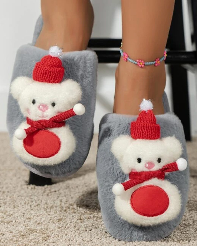 

Christmas Bear Snowman Pattern Fluffy Slippers, Gray