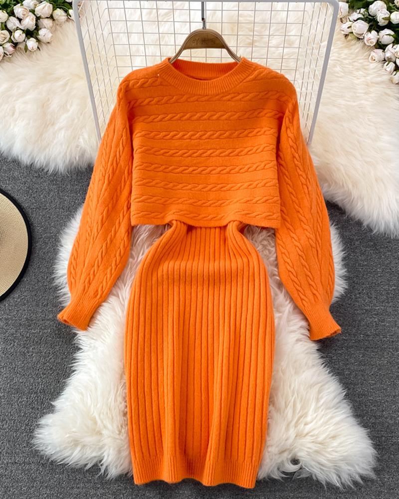 

Cable Knit Long Sleeve Sweater & Sleeveless Casual Dress, Orange