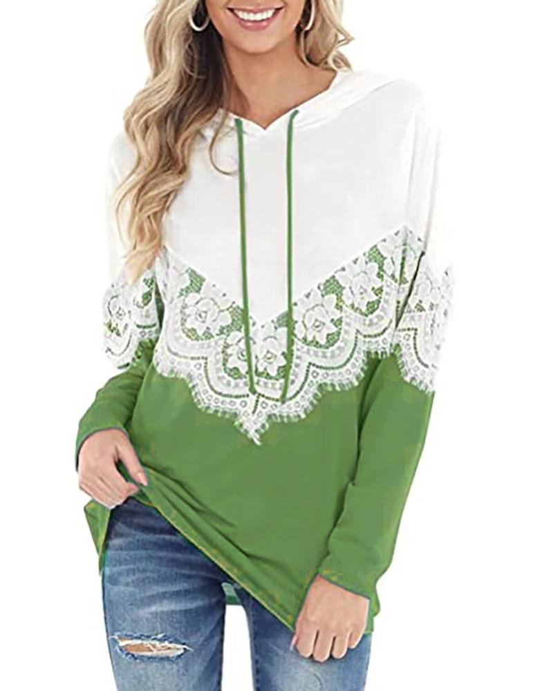 

Long Sleeve Crochet Lace Patch Colorblock Hooded Sweatshirt, Light green