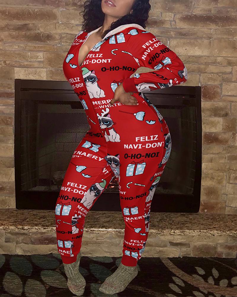 

Christmas Mixed Print Hooded Lounge Jumpsuit, Red