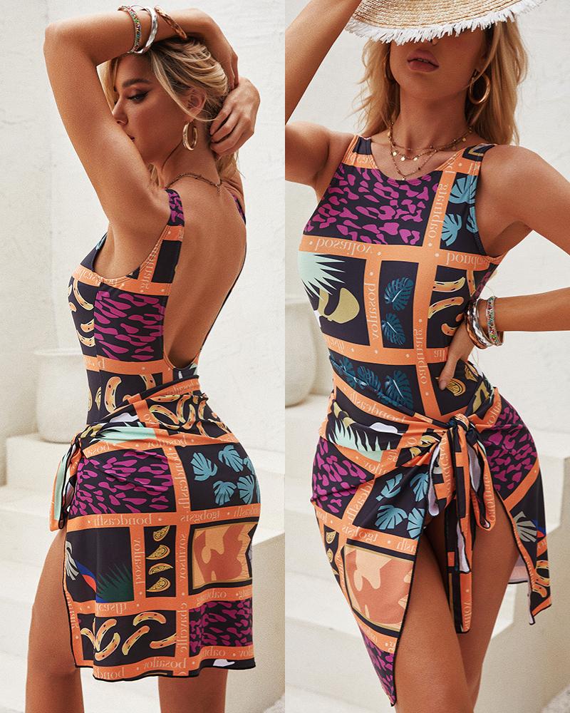 

Graphic Letter Print Backless One Piece Swimsuit With Cover Up, Multicolor
