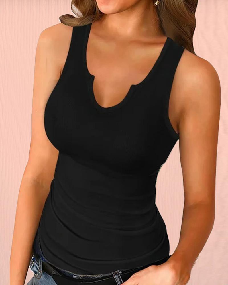 

Plain Notch Neck Casual Tank Top, Black