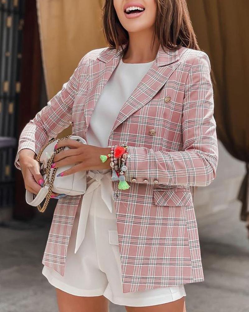 

Plaid Pattern Colorblock Double Breasted Blazer Coat, Pink