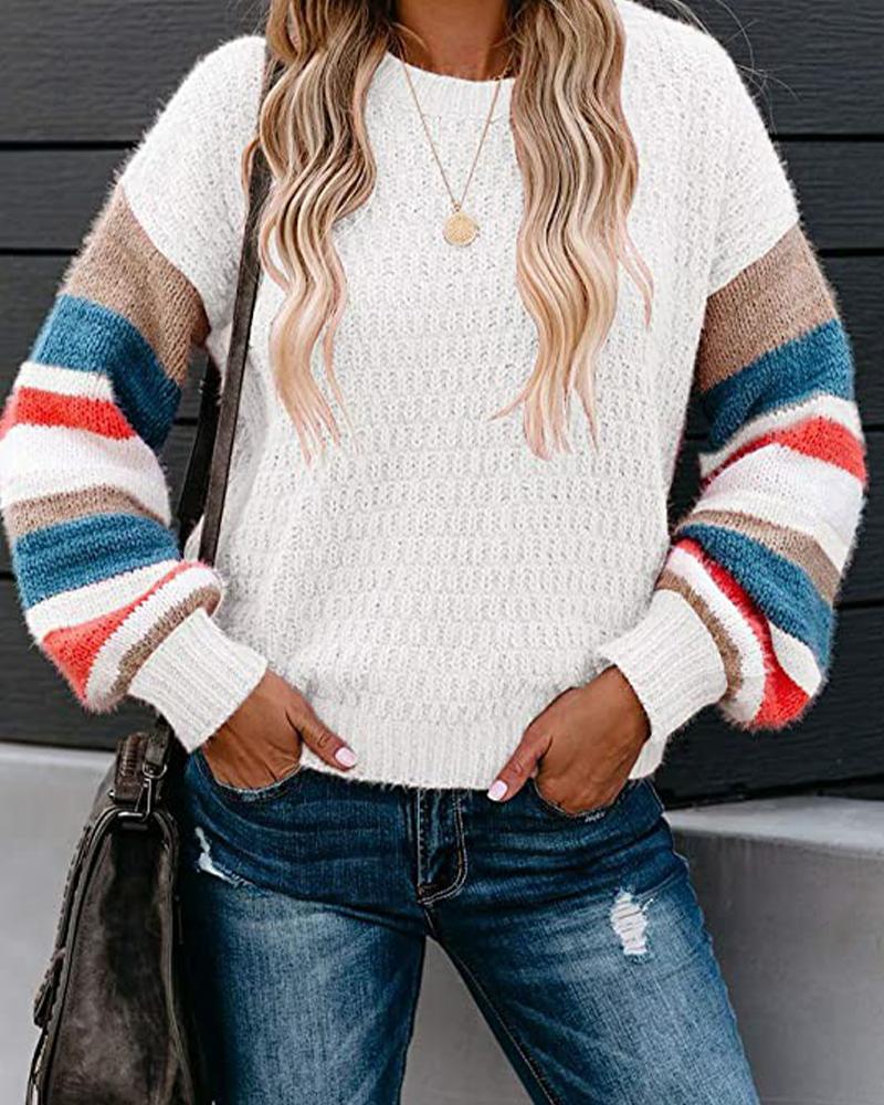 

Colorblock Long Sleeve Loose Sweaters, White