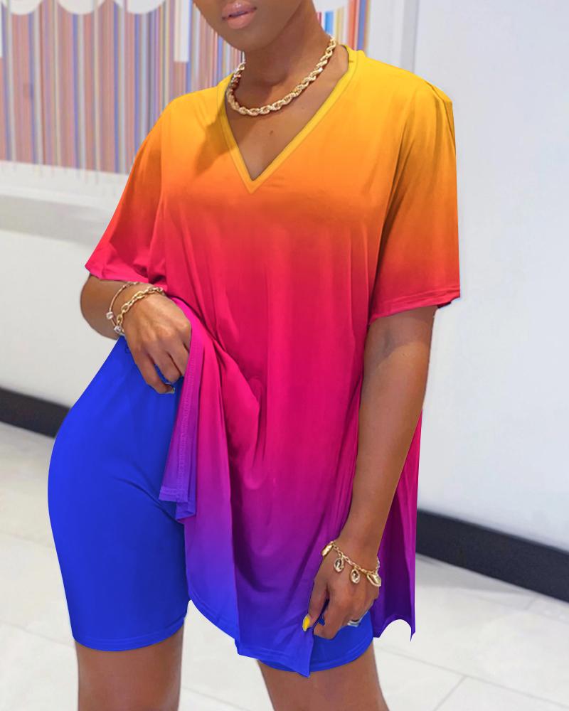 

Ombre Slit Top & High Waist Short Set, Multicolor