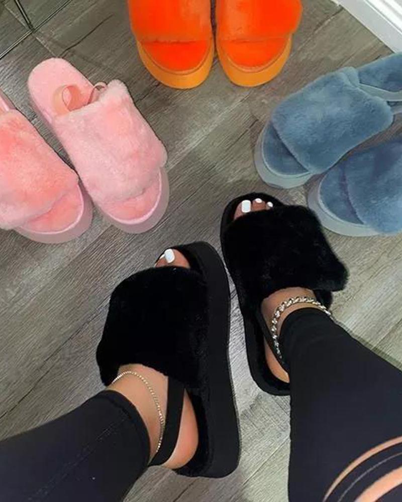 

Fuzzy One Strap Slingback Slippers, Black