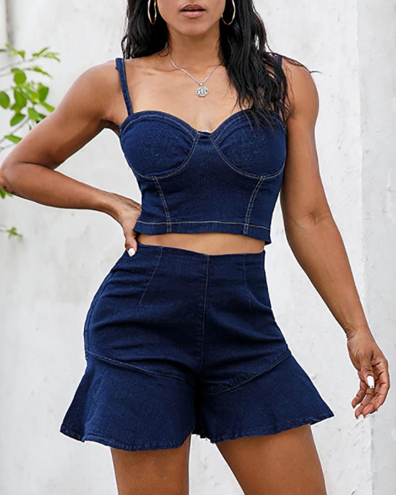 

Denim Sleeveless Crop Top & Ruffles Shorts Set, Dark blue