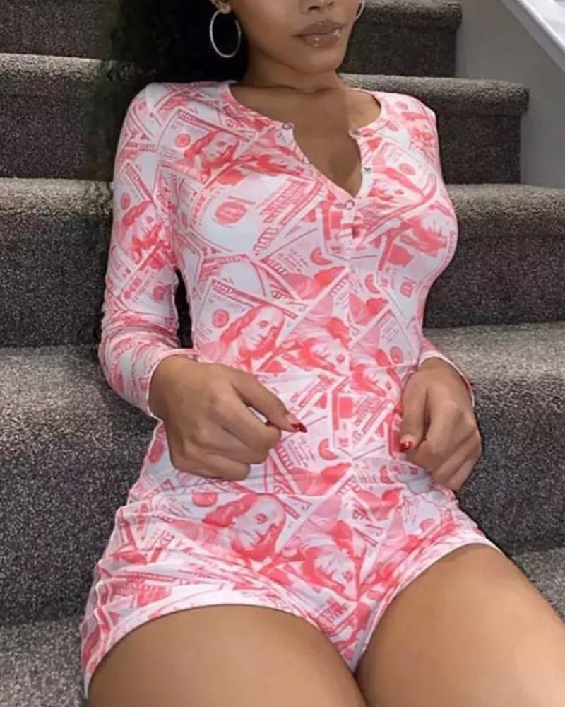 

Figure Graphic Print Long Sleeve Button Detail Skinny Romper, Multicolor