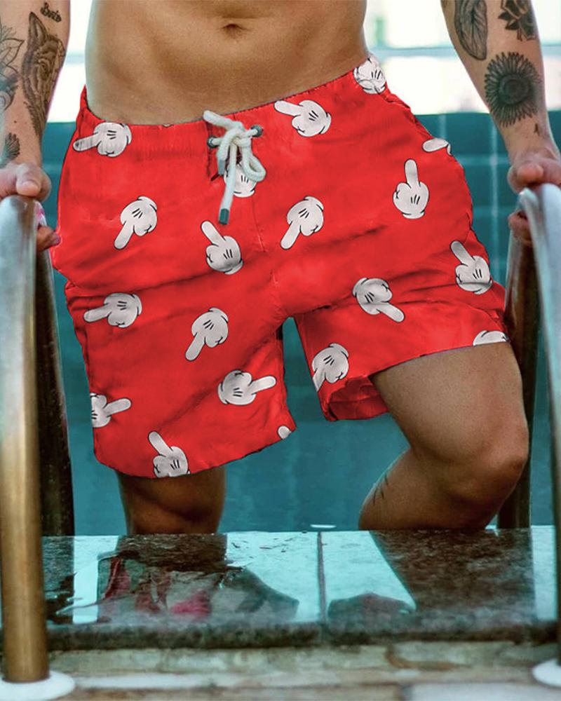 

Cartoon Print Loose Drawstring Shorts, Red