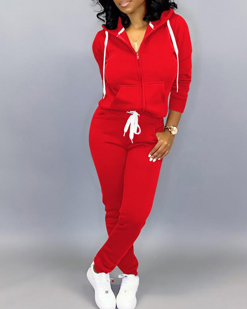 

Hooded Drawstring Zipper Design Sporty Top & Pants Sets, Red