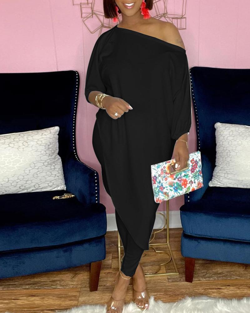

Plain Slash Neck Casual Top & Pants Sets, Black