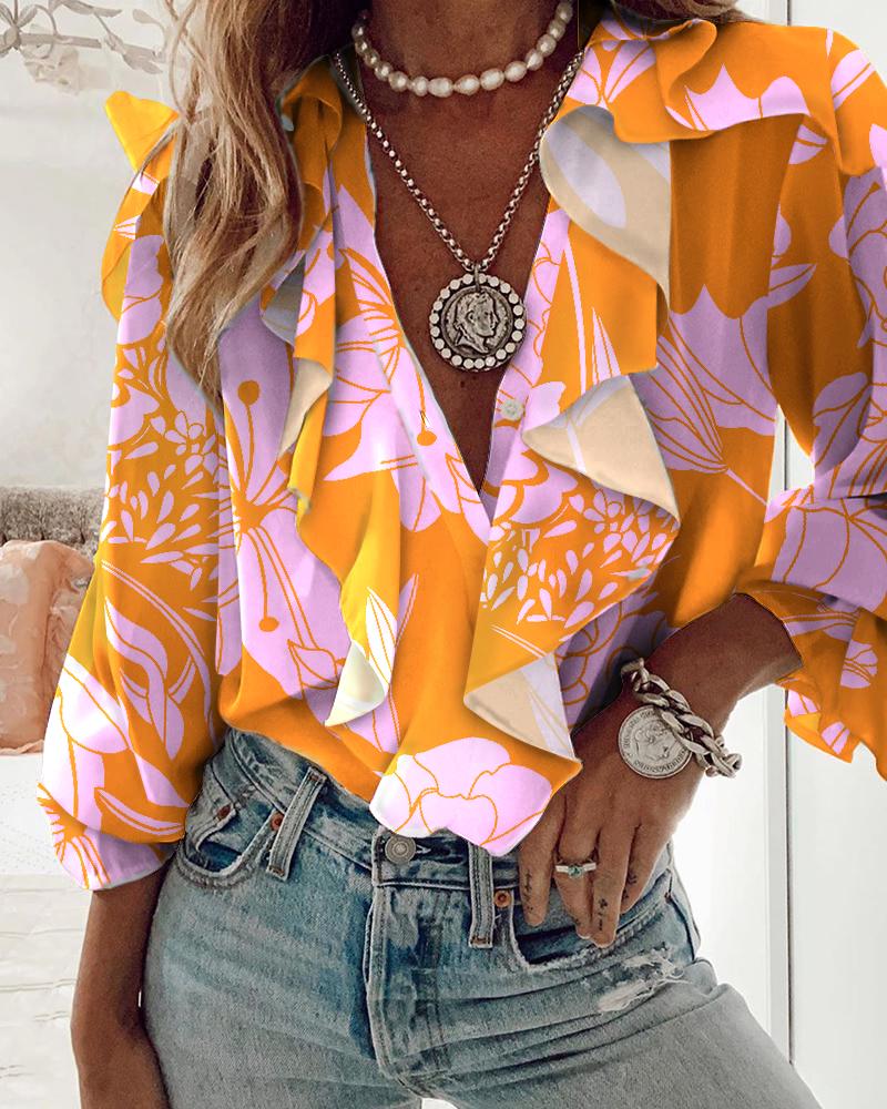 

Plants Print Flounce Sleeve Ruffle Hem Top, Orange