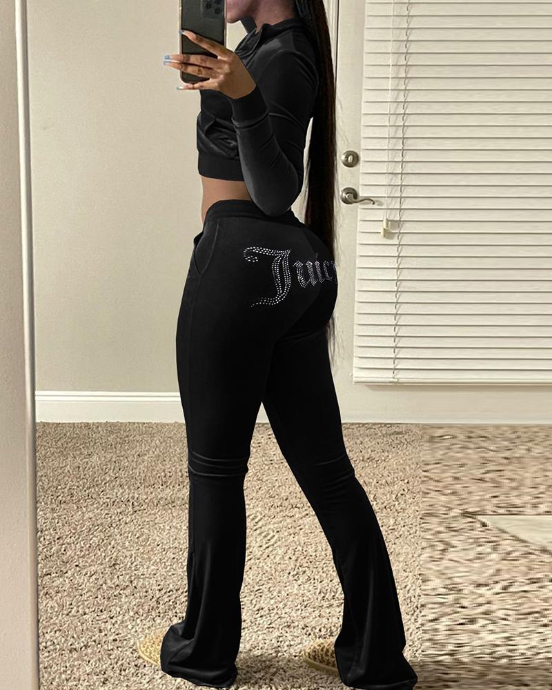 

Velvet Letter Rhinestone Hooded Top & Bootcut Pants Set, Black