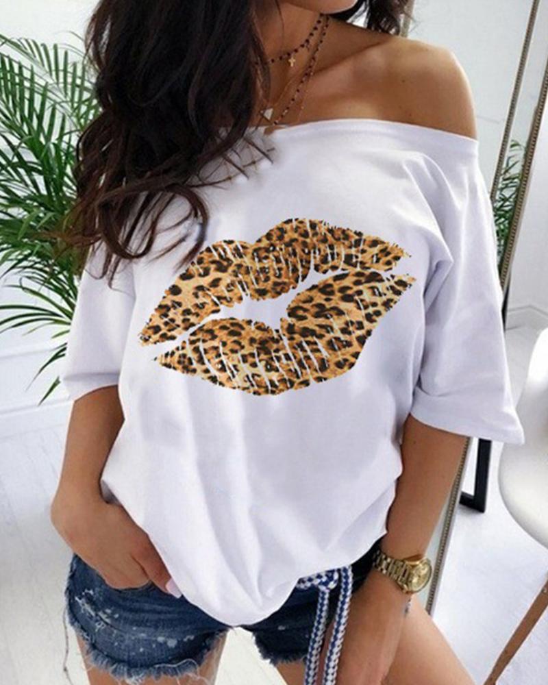 

Lip Letter Print Off Shoulder Long Sleeve Blouse, White