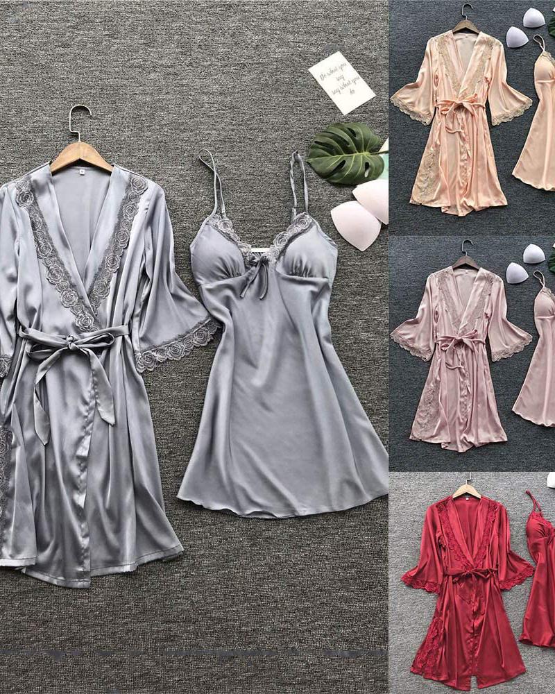 

Satin Lace Patch Nightgown With Robe, Yellow