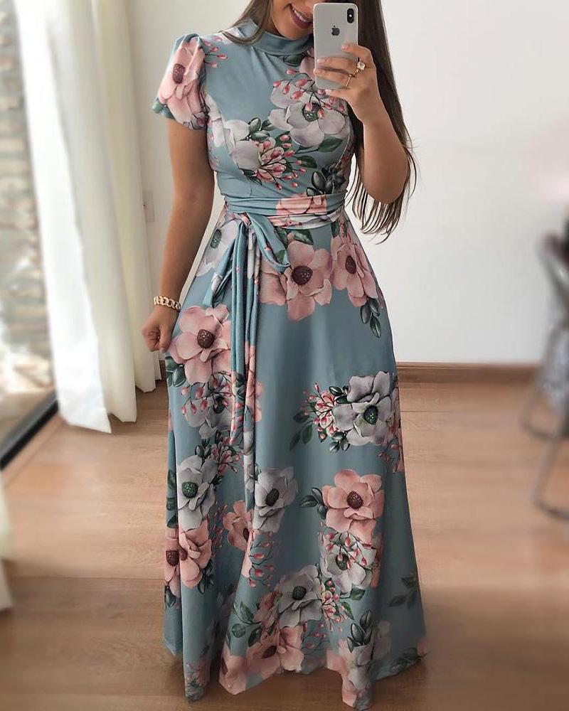 

Floral Print Short Sleeve Tied Detail Maxi Dress, Turquoise blue