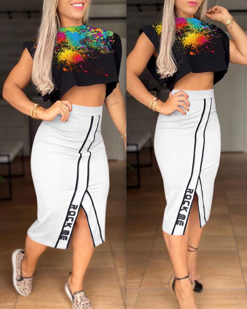 

Ink Splashed Short Sleeve Top & Plain Slit Skirt Set, Black