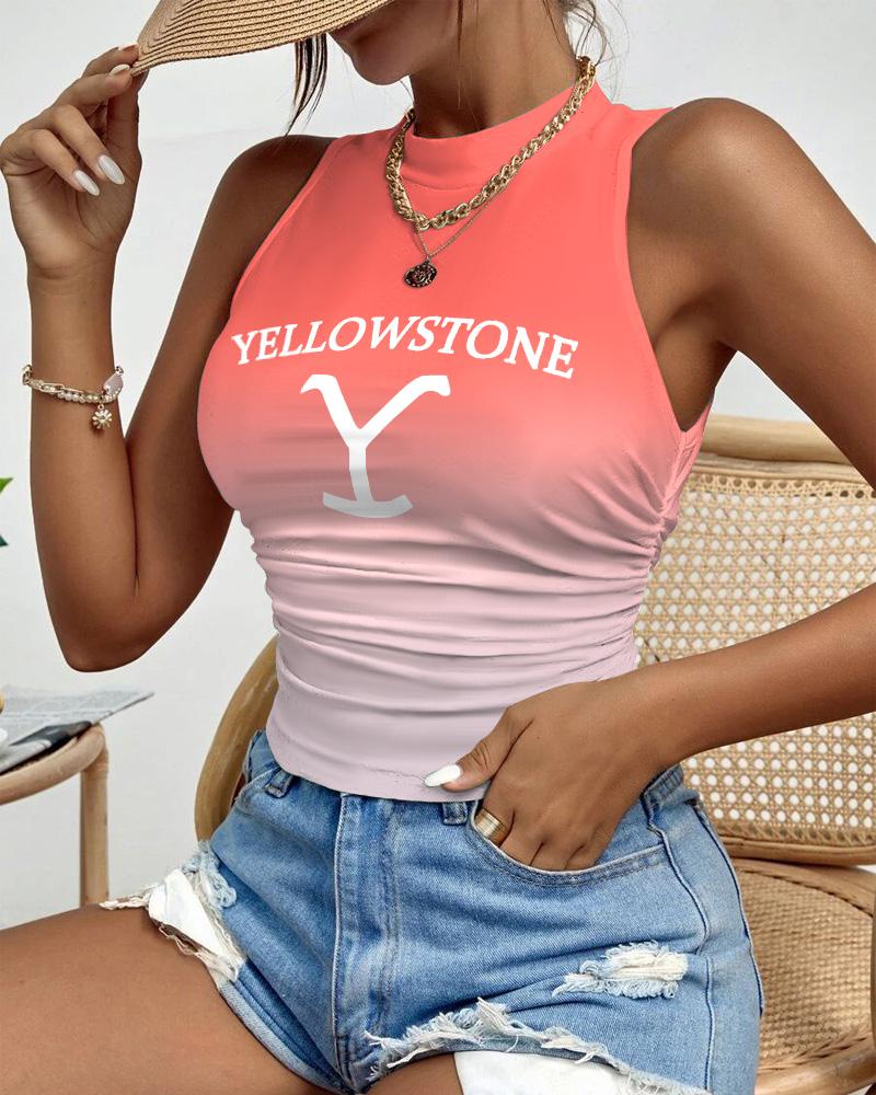 

Yellowstone Graphic Print Ombre Ruched Tank Top, Orange