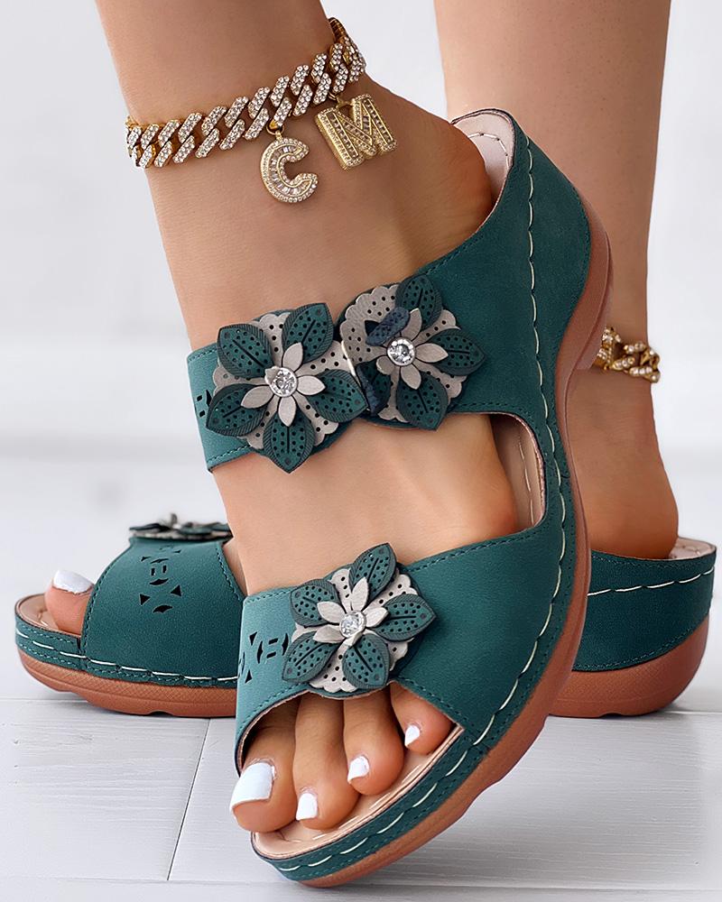 

Hollow Out Floral Pattern Wedge Slippers, Green