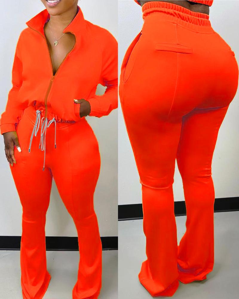 

Zipper Pocket Design Drawstring Top & High Waist Pants Set, Orange