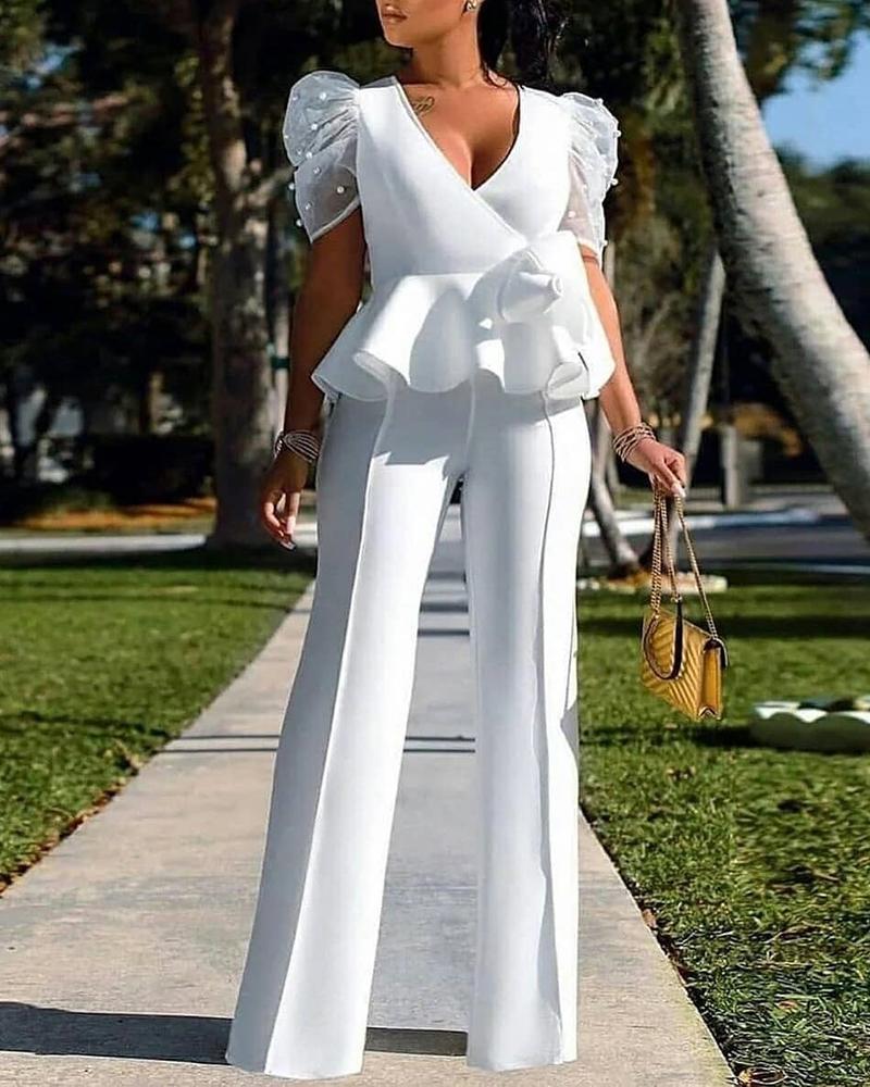 

Puff Sleeve Beaded Sheer Mesh Ruffle Hem Jumpsuit, White