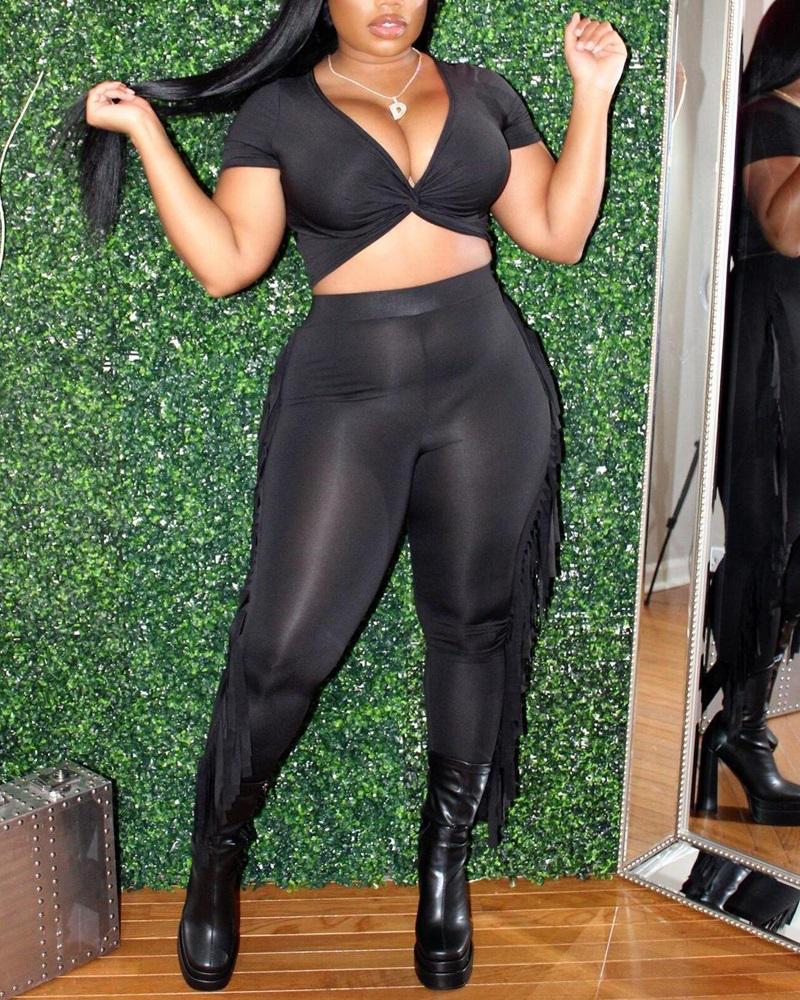 

Deep V-Neck Crop Top & Tassel Design Pants Set, Black