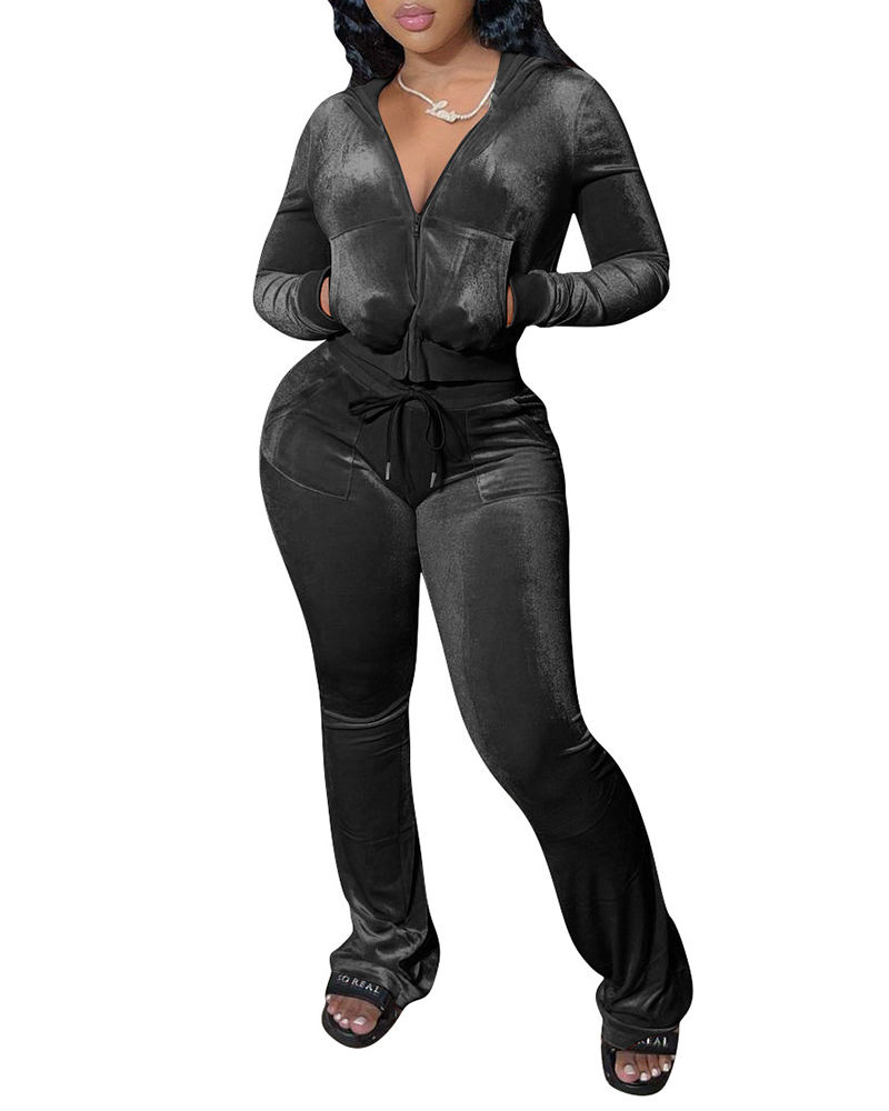 

Velvet Zipper Pocket Design Hooded Top & Drawstring Pants Set, Black