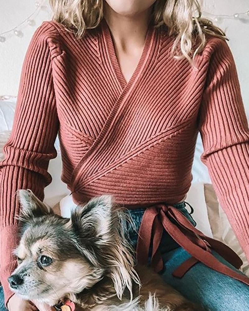 

Solid Ribbed Tied Detail Casual Sweater, Pink