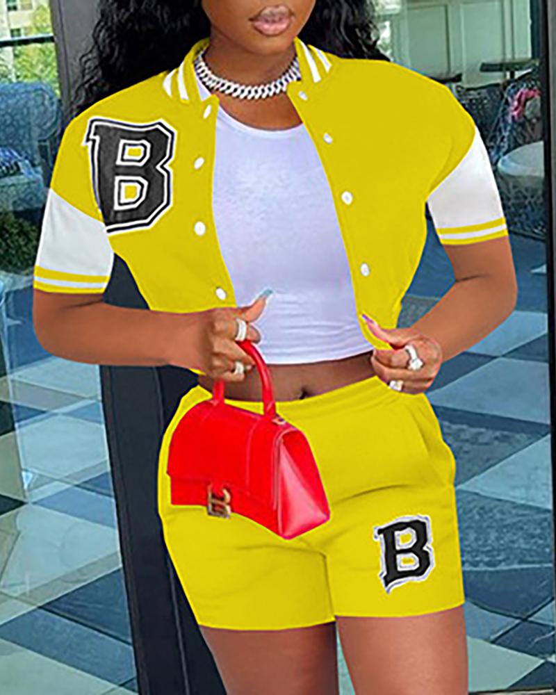 

Colorblock Letter Print Baseball Coat & High Waist Shorts Set, Yellow
