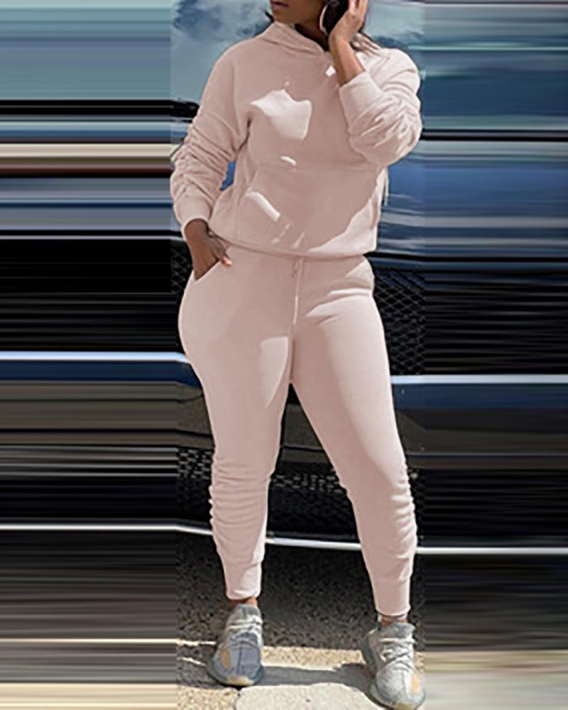 

Ruched Pocket Design Hooded Sweatshirt & Fold Pants Set, Beige
