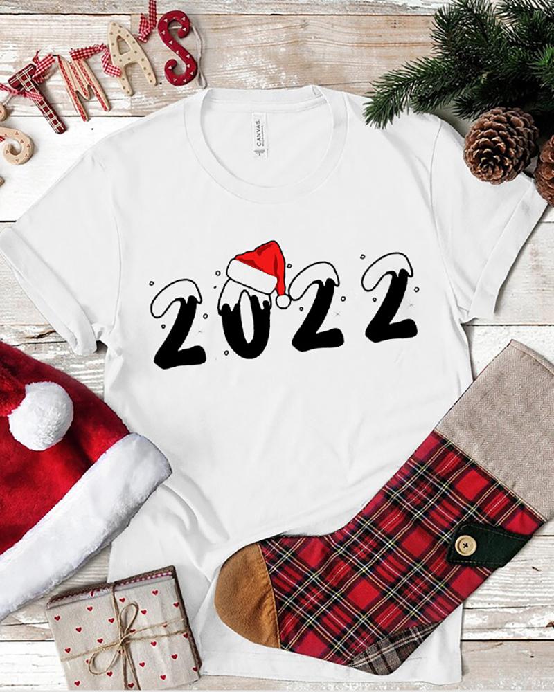 

Christmas O-Neck Hat Letter Print Short Sleeve T-shirt, White