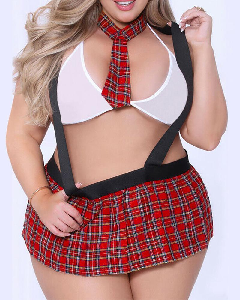 

Plus Size Plaid Lingerie Costume Uniform Set, Red
