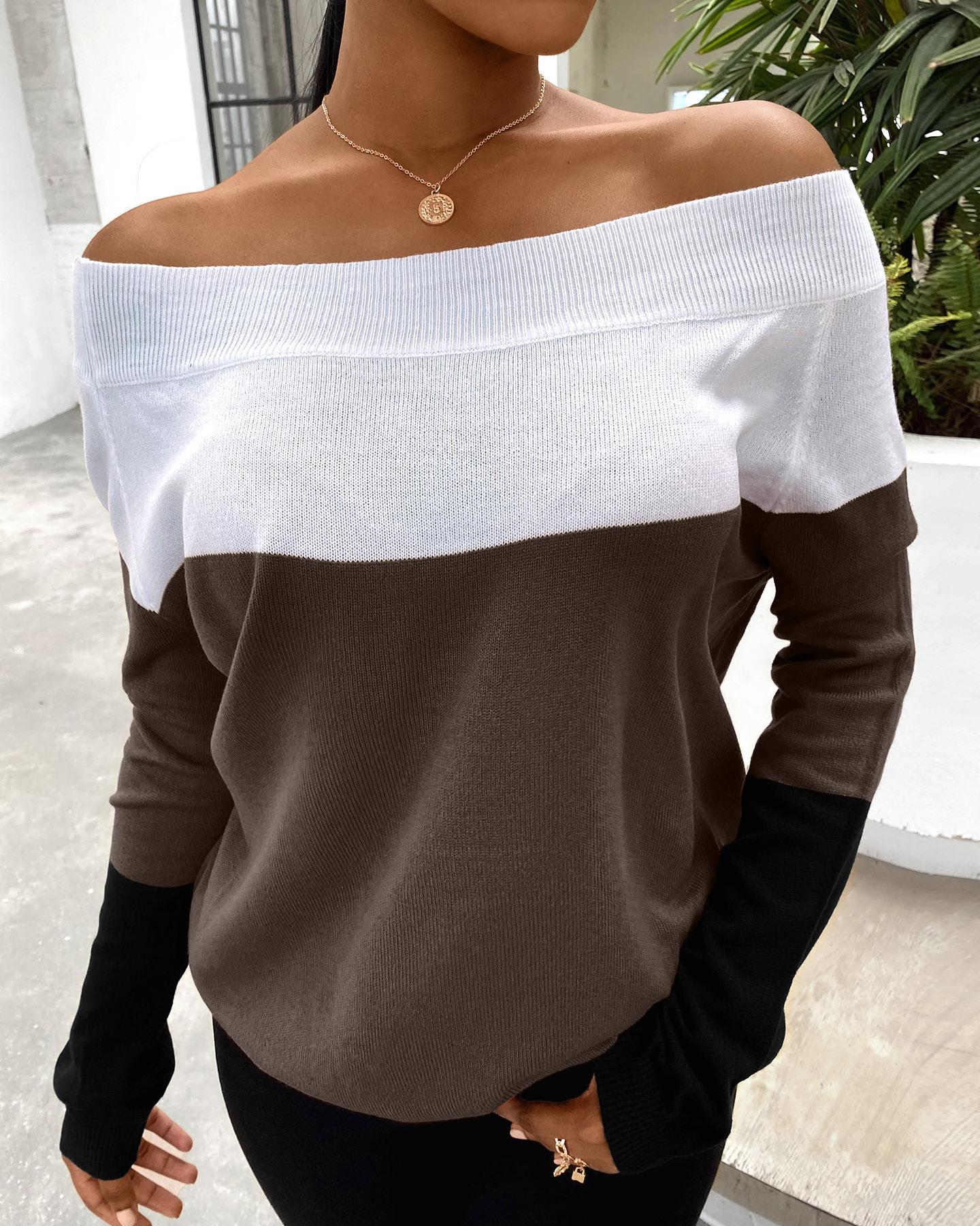 

Off Shoulder Colorblock Long Sleeve Sweater, Khaki